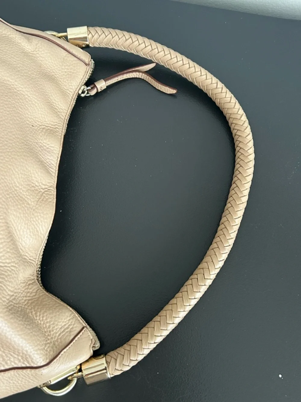 Cole Haan Beige Pebbled Leather Hobo Shoulder Bag Braided Handle Tote